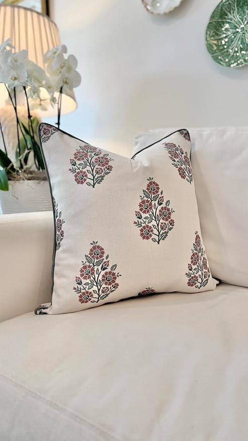 Jillien Harbor “The Sutton” Burgundy & Deep Green Floral Block Print Pillow Cover – Off-White Decorative Festive Throw Pillow Cover – Grandmillennial Home Decor, 20" x 20"