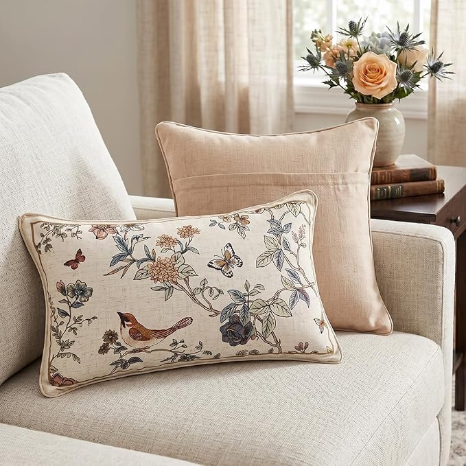 ISAENNE Designer Linen Throw Pillow Cover,Set of 2,20"x12"-Cornucopia A | Elegant French Rectangle Pillow Cover,Concealed Zipper,Floral and Bird Pattern,Sofas,Bedroom,Living Room,Lounge Chairs