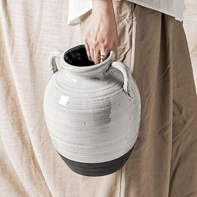 Large White Ceramic Vase - 11.3 Inch Rustic Farmhouse Vase with Handles for Home Decor, Vintage Tall Vases for Living Room, Table, Bathroom, Holiday & Weddings (Aurora White)