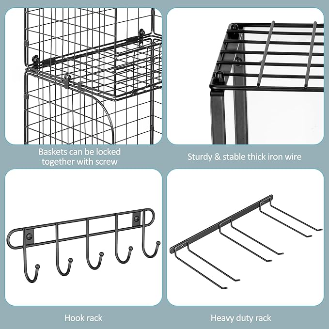 ThreeHio Garage Shelf Wall Mounted with Wire baskets, Heavy Duty Garage Wall Shelving with Garden Tool Rack and Hooks, Wire Shelf Baskets Tool Organizer for Home Garden Yard Organization and Storage