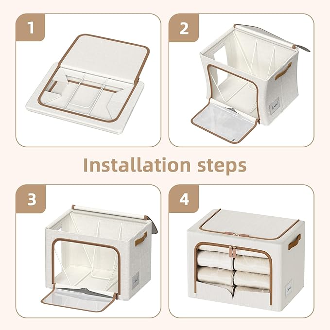 FHSQX 6 Pack Clothes Storage Bins, 70L,Cream White, 19.7x15.7x13.8 inch | Metal Frame,‎Portable, Large Clear Window, Stackable, Durable Handles, Foldable