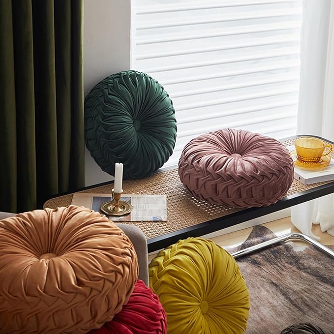 15" Round Pillow for Couch, Circle Velvet Pleated Throw Pillow,Decorative Round Floor Cushion,Pumpkin Chair Cushion for Bed Chair Car Sofa Home Decor Dark Green
