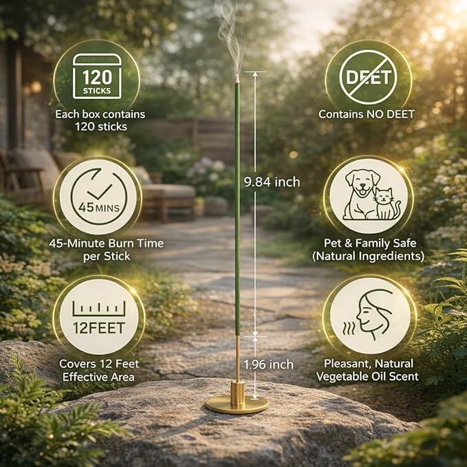 Mosquito Repellent Outdoor Patio, 120 PCS Citronella Incense Sticks Outdoor, Natural Citronella Mosquito Repellent, DEET-Free Citronella Incense for Yard, Backyard, Camping, Flying Insect Control