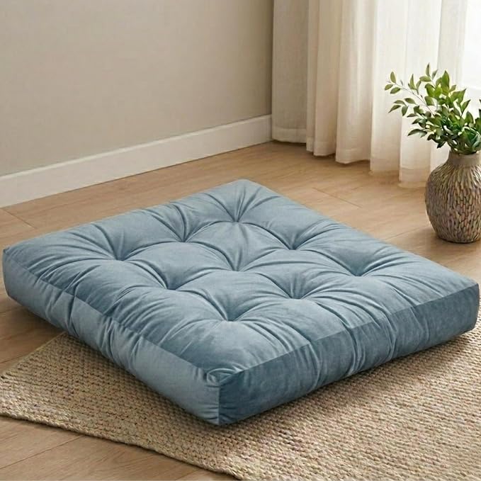 Floor Pillow for Adults, Soft Velvet Floor Cushion for Sitting, Single Square Tufted Floor Pillow for Reading Nook, Living Room, Bedroom, 22 x 22 Inch, Blue