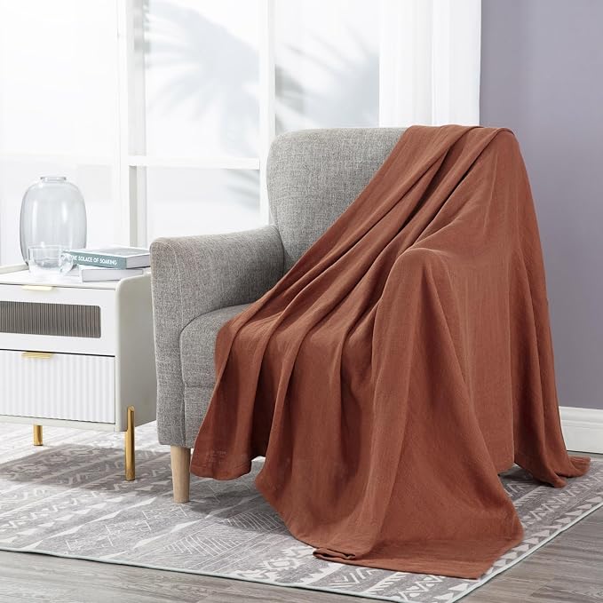Chezmoi Collection Brussels Belgian Flax Linen Throw Blanket, 50" x 70" - Pre-Washed Super Soft Lightweight Breathable Summer Blanket Sedona Red Color for Living Room Couch & Bed