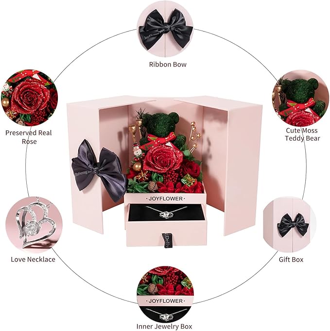 JoyFlower for Women, Christmas Decor with Forever Flowers, Preserved Flowers Bear with Necklace Gifts, Unique Eternal Rose Bear Gift on Christmas for Girlfriend Wife Mom Grandma Her