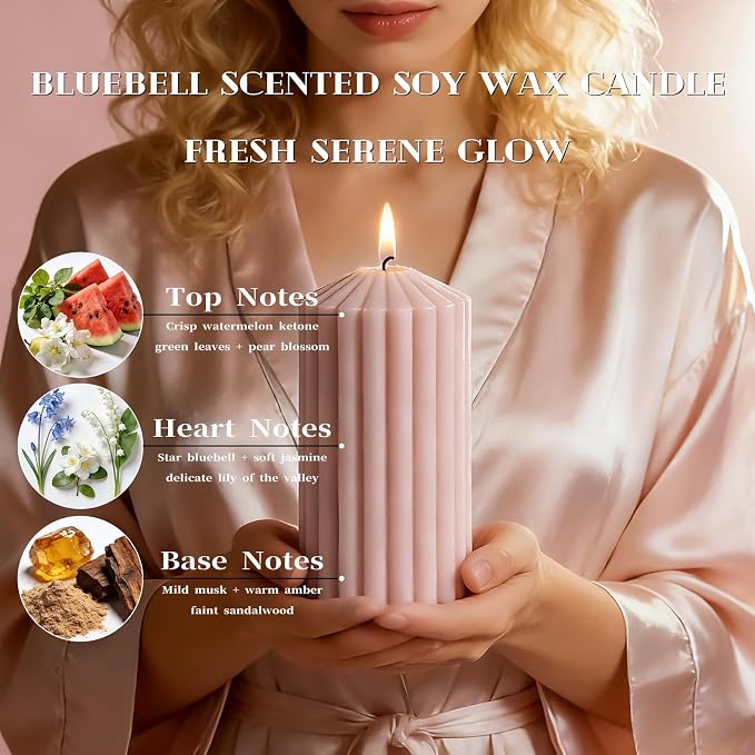 Pink Ribbed Pillar Candle Set of 3 - Wild Bluebell Scented Soy Wax Candle,Aesthetic Decorative Textured Pillar for Home Decor-2.8x4,6,8in Long Lasting Fragrance for Home Decor,Gifts,Spa,Wedding