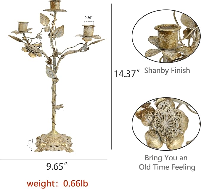 Vintage 3-Arm Metal Candelabra, Distressed Gold Leaf & Floral Design Candle Holder, 14.37" Tall Tabletop Candlestick Stand for Wedding, Dining Table & Home Decor