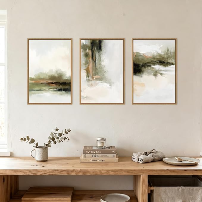 KAIRNE Green Abstract Neutral Framed Canvas Wall Art Set,Modern Watercolor Shapes Wall Decor,Minimalist Pastel Art Prints,Brown Gray Tan Artwork for Living Room,Bedroom,Farmhouse,Office-24 x36 x3