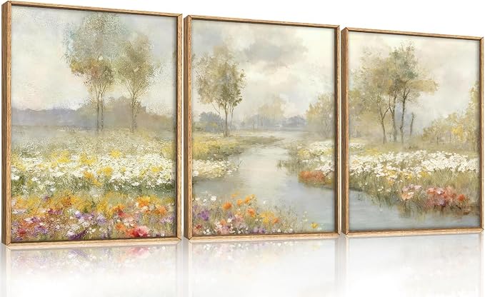 HPNIUB Large Watercolor Wildflower Framed Canvas Wall Art,Vintage Landscape Wall Decor,Rustic Wilderness Field Art Prints,Nature Floral Tree Artwork for Living Room,Bedroom,Farmhouse,Office -12"x16"x3