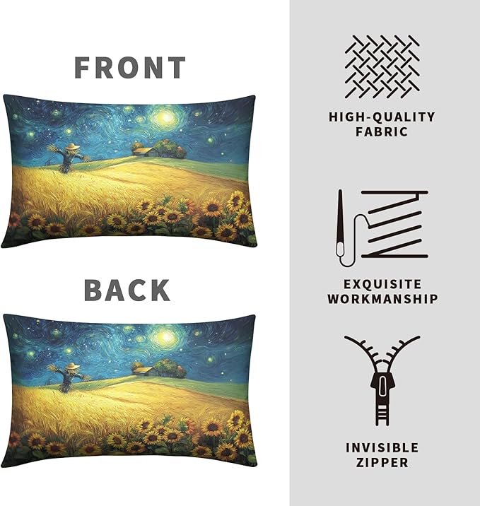 Fall Lumbar Throw Pillow Covers 12x20 Set of 2 Autumn Sunflower Wheat Field Harvest Pillow Covers Scarecrow Under Van Gogh Starry Night Rectangular Pillowcase for Home Decor Couch