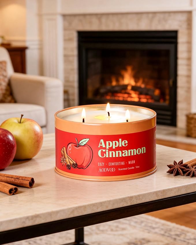 AOOVOO Apple Cinnamon Candle - 3 Wick 12oz Large Fall Candles, Soy Wax Strong Scented Candle Non Toxic, Long Lasting Aromatherapy Candle for Home, Autumn Candle Gift for Women Men