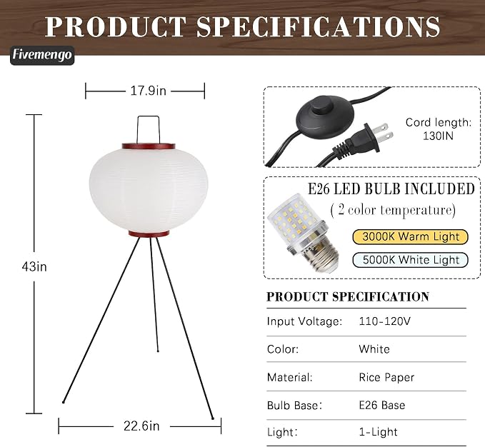 Japanese Rice Paper Floor Lamp, Cozy Paper Lamp Japandi Lantern Lights Wabi Sabi Style for Living Room Bedroom Office, 43 Inch Tripod Stand, White Lantern with E26 LED Bulb, 3000K/5000K