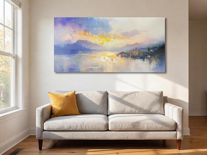 Ardemy Textured Sunset Landscape Canvas Wall Art Large 58"x29"- Serene Lake & Mountain Painting, Soft Purple Gold Toned Abstract Framed Artwork for Living Room Bedroom Home Office Wall Decor