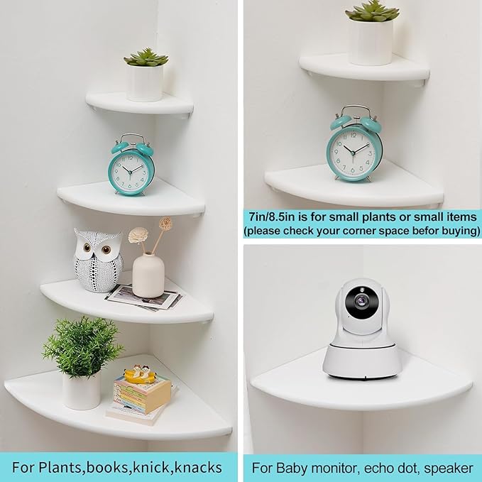 Corner Shelf, Solid Oak Wood Floating Corner Shelf Wall Mount Round End Floating Speaker Shelves with Wire Hole for Small Plant Photo Frame for Bedroom Kitchen, Living Room (White, 8.7in)