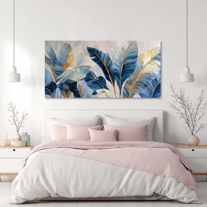 Ggaafet Navy Blue Leaves Wall Art for Bedroom Canvas Painting Prints Botanical Boho Abstract Gold Leaf Art Deco Modern Artwork Office Family Dining Room Decor