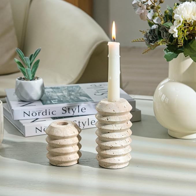 Candle Holders True Natural Travertine Stone 0.4" Thick, Set of 2 Premium Marble Candlestick Holder for Wedding Dinning Party, Candle Stand for 3/4 inch Thick Candles Color White (ZT002)