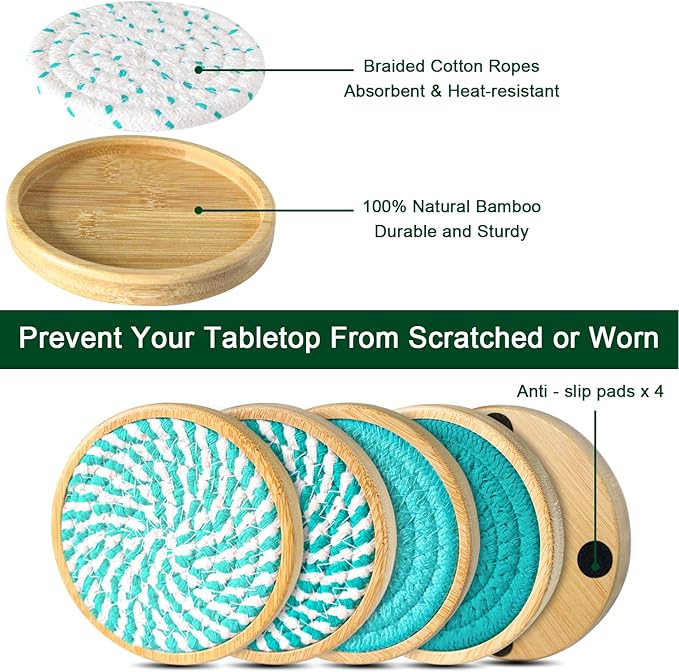 Eykao Bamboo Coasters for Drinks, Absorbent Coaster Sets of 5, Woven Drink Coasters for Coffee Table, Housewarming Gift for Farmhouse Home Decor,4 inches (Lake Blue Series)