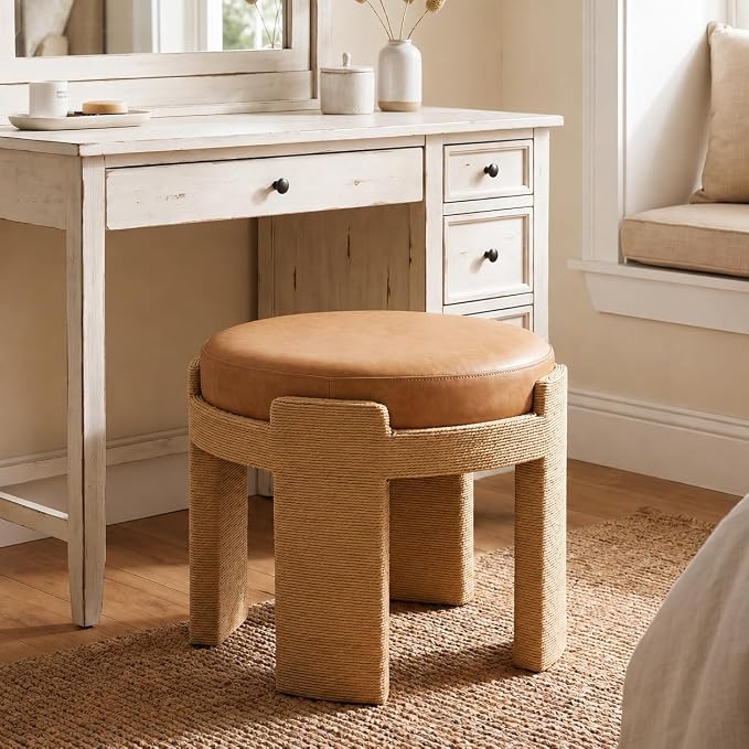 Round Vanity Chair, Boho Hand-Woven Rope Upholstered Accent Footrest Stool Makeup Ottoman Stool Fully Assembled for Bedroom Living Room, Brown Leather