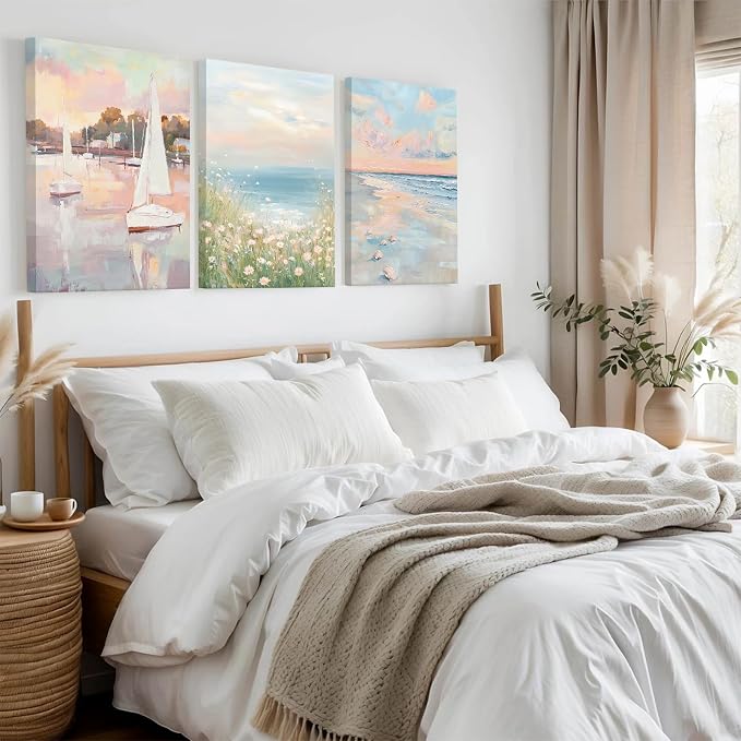 Pink Coastal Wall Art Coquette Beach Canvas Poster Summer Beachy Wall Decor Trendy Pastel Ocean Pictures Preppy Painting Wildflower Prints Sailboat Artwork for Girls Bedroom 12x16 Inch Ready to Hang