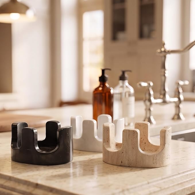 White Marble Sponge Holder for Kitchen Sink, Dual Slot Stone Caddy,Carrara White | 2-in-1 Natural Stone Sponge & Brush Holder, Raised Edge Helps Catch Water, Keeps Countertops Dry , Keeps Countertop Dry