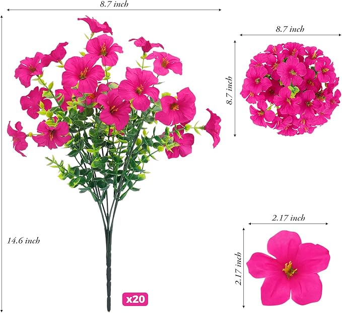 20 Bundles Artificial Petunias Flowers for Outdoors, Faux Silk Flowers UV Resistant Realistic Fake Plants for Outside Planters Porch Patio Yard Garden Spring Summer Home Decor, Fuchsia