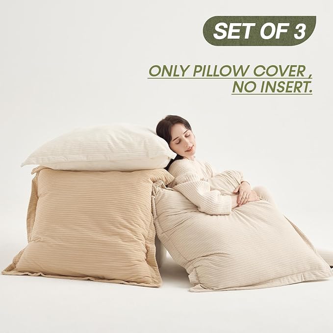 COCO TOP Set of 3 Oversized Throw Pillow Cover 28x28inch,Super Soft Striped Corduroy Neutral Earth Tones Pillow Cases for Bedroom,Living Room, Sofa Lounges,Girl Room（Camel, Beige & Pure White）