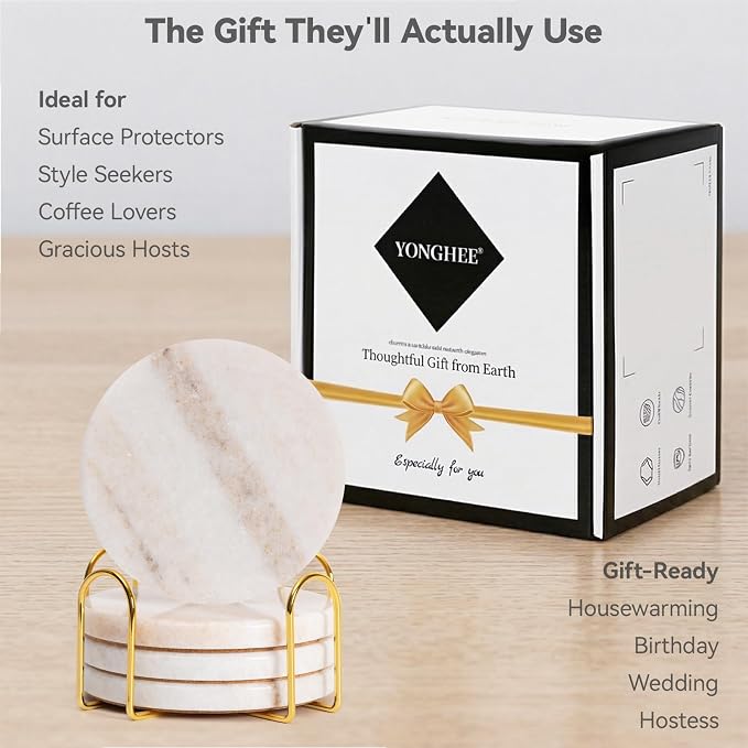 Creamy White Marble Coasters Set of 4 with Holder, Neutral Drink Coasters for Coffee Table, 4" Round Polished White Stone Coaster with Tan Veins – Heat Resistant, Non-Slip, Housewarming Gift