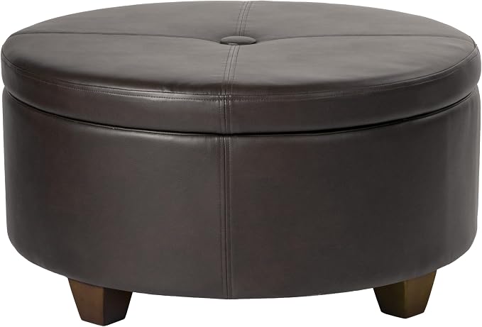 HomePop 32" Large Tufted Round Storage Ottoman - Vintage Brown Faux Leather