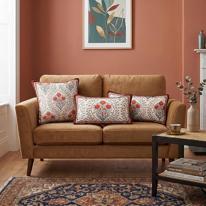 patdrea Designer French Velvet Throw Pillow Cover,Set of 4,-Moritz ABAC | Elegant Lumbar Pillow Case,Rust Red Floral and Bird Pattern,Decorative Pillow Cover for Couch Living Room Bedroom