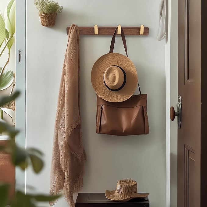 Wall Mounted Coat Rack, Entryway Hanging Coat Rack, Metal Wood Coat Rail with 4 Rustic Hooks Rail for Coat, Scarf, Bag, Towel, Key, Cap, Hat, Walnut Gold Matt