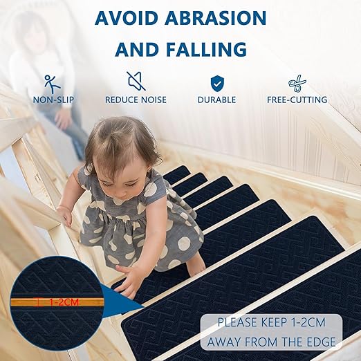 Stair Treads for Wooden Steps, 8" X 30" Non Slip Carpet Stair Treads with Reusable Adhesive for Kids Elders and Dogs, Surface Polyester TPR Backing Stair-Runner 15PCS