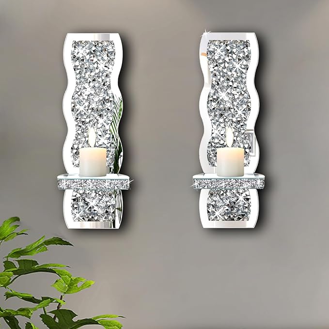 ZOLAPI Set of 2 Crystal Crush Diamond Candle Sconces, Gorgeous Silver Mirrored Wall Sconce, Wave Pattern Irregular Candle Holder Glass Wall Decorations for Home Décor, Living Room, Dining Room.