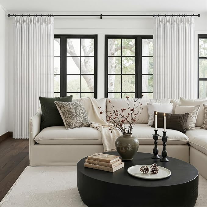 Off White Pinch Pleated Natural Linen Sheer Living Room Curtains 96 Inches Long 4 Panels Set, Memory Trained Light Filtering Farmhouse Curtain & Drapes for Sliding Glass Doors Hooks Rings Beige-White