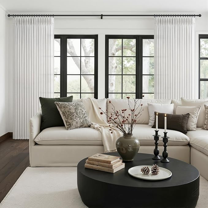 70 Inch Extra Wide Beige White Curtains 102 Inches Long for Classroom, Memory Shape Pinch Pleat Light Filtering Thick Natural Linen Sheer Office Window Drapes 70"W x 102"L with Ceiling Track 1 Panel