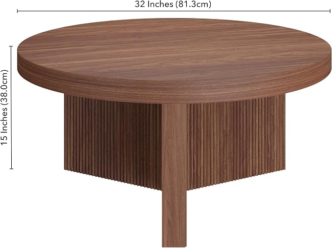 Henn&Hart 32" Fluted Round Low-Profile Coffee Table with Ribbed Pedestal Base Living Room, Family Room, Office, or Apartment, Medium Walnut