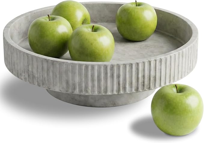 JUPTR Concrete Fruit Bowl (12") – Shallow Fluted Pedestal Decorative Centerpiece Bowl for Table, Entryway Catch-All & Modern Home Decor – Heavyweight Stone Bowl (Natural)
