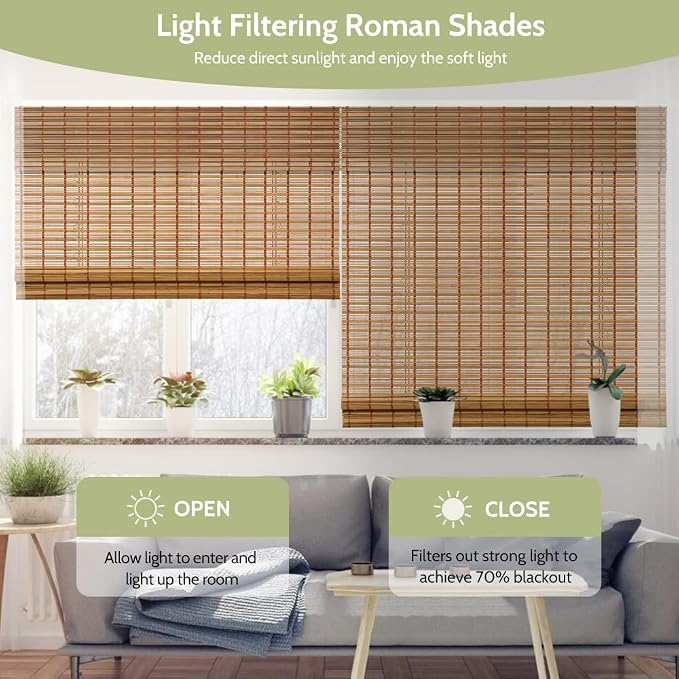 Kokorona Cordless Sheer Bamboo Roman Shades with Valance, Light Filtering Woven Bamboo Blinds for Windows, Natural Window Blinds Roll Up Shades for Home & Patio, 35" W x 64" H, Light Russet
