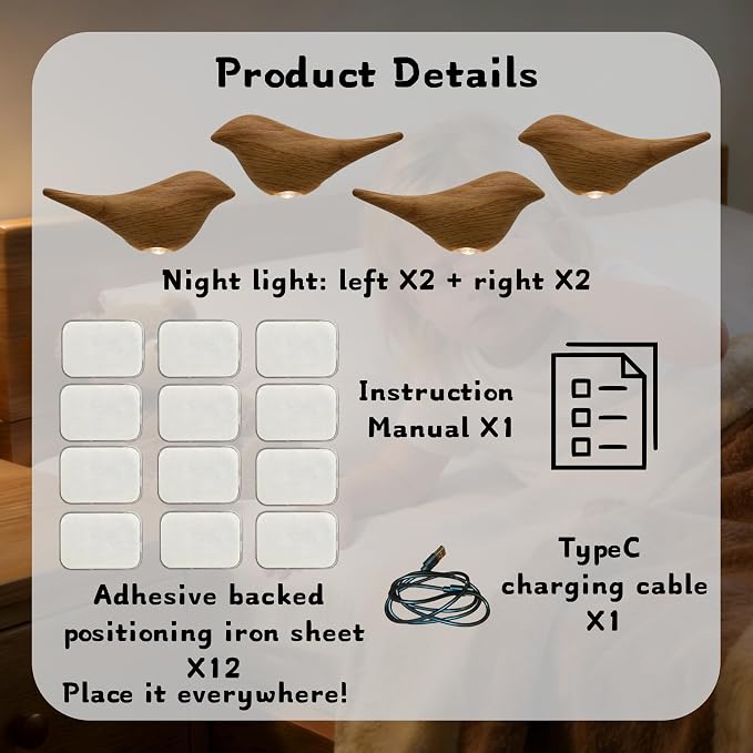 Cute Bird Night Light: Motion Sensor Lights Indoor - Magnetic Mounting & 3 Color Dimmable - One Charge Three Weeks of Worry-Free Use - 4-Pack Set (Light Wood Grain)