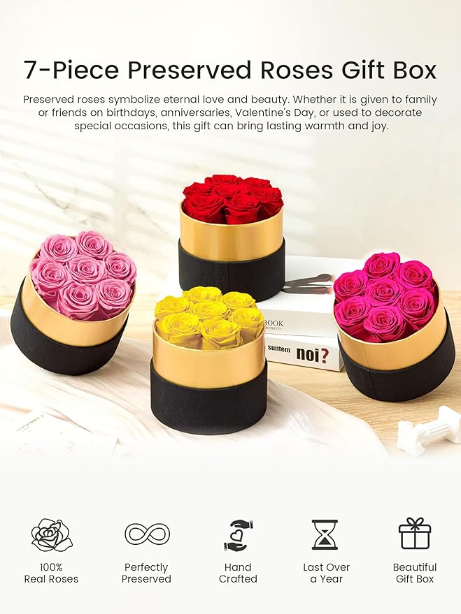Beaulasting Long Lasting Preserved Roses in a Box Last a Year Forever Flowers for Her Mom Wife Anniversary Birthday (Round Black and Gold Box, Red)