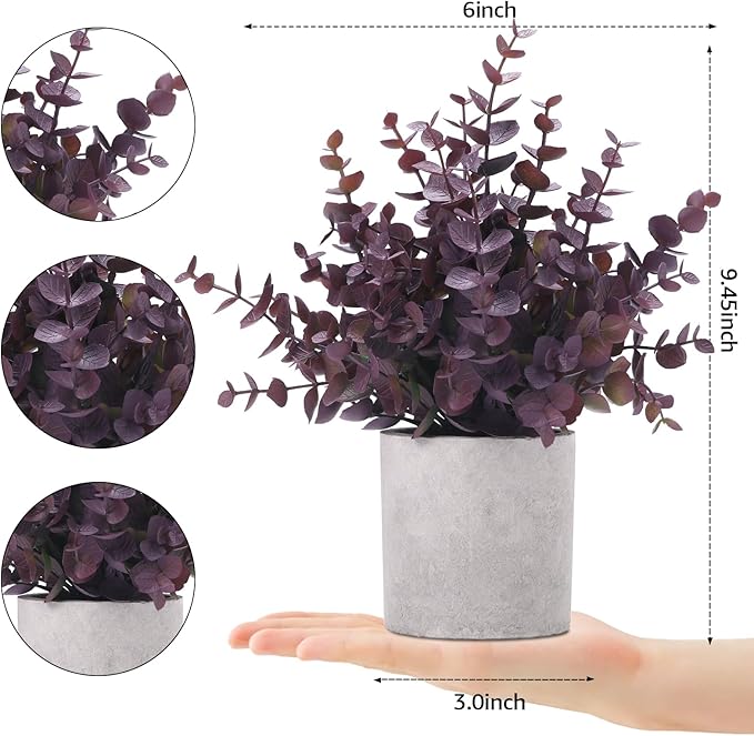Coferset 2 Pack Small Fake Plants Eucalyptus Potted Artificial Plants Fall Decorations for Home Shelf Office Bathroom Desk Farmhouse Room Coffee Table Decor Halloween Decor (Plum)