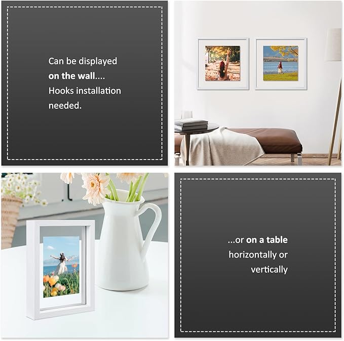 MUYE 8x10 Floating Frame Set of 2,Double Real Glass Photo Frame for Wall Hanging or Tabletop Standing,Display Any Size Photo up to 8x10,White