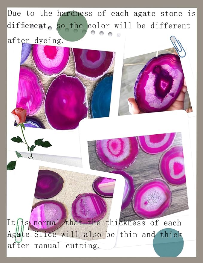 JIC Gem Dyed Pink 3.5-4" Agate Coaster Sliced Natural Agate Coaster for Coffee Cup Home Decor with Rubber Bumper Set of 4