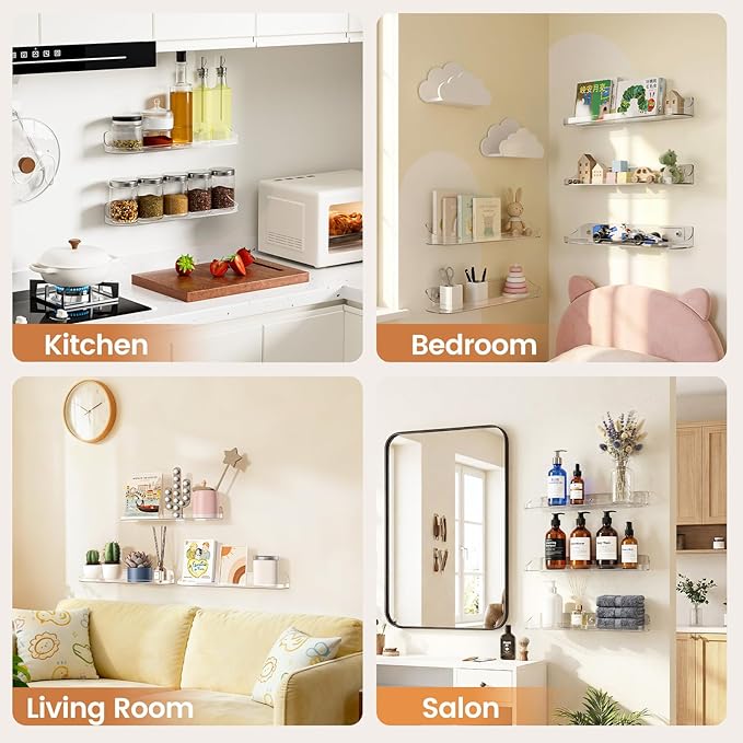 SpaceWhisper Floating Shelves for Wall, 6-Pack 15" Wall Shelves for Bathroom, Bedroom, Kitchen, Living Room, Display Hanging Shelf Organizer for Book, Picture Ledge, Figure Storage, Room Decor (Clear)