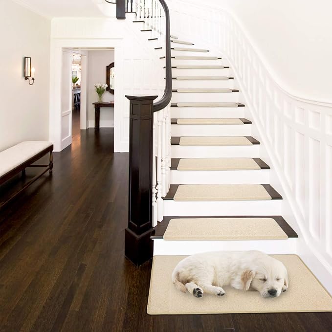 PURE ERA Bullnose Carpet Stair Treads Set Tape Free Non-Slip Indoor Stair Protectors Pet Friendly Rugs Covers Soft Skid Resistant Washable Reusable 9.5" x 30"(2 Pieces,Light Beige)