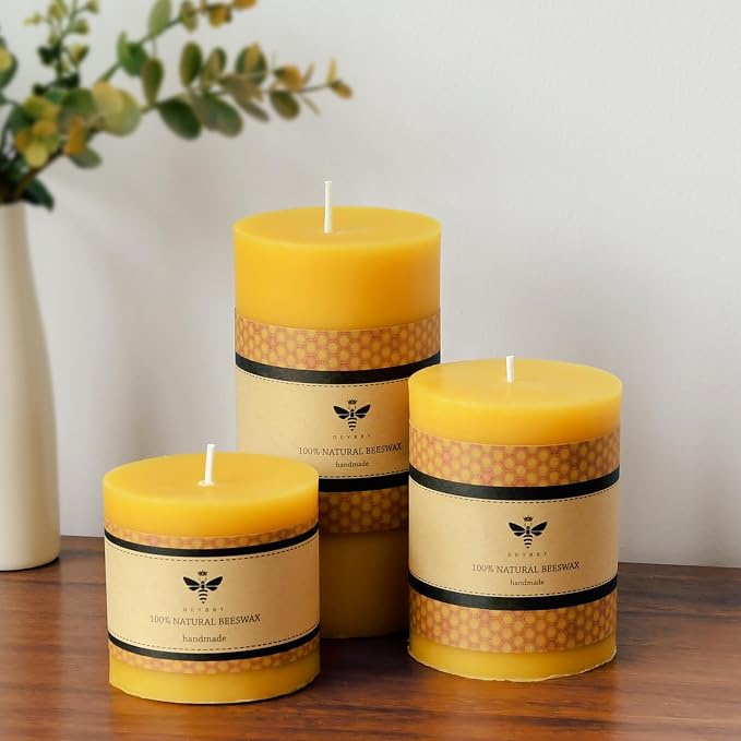 DEYBBY 3x6 inch Natural Beeswax Pillar Candle Set of 4, Smokeless Dripless Pure Organic Beeswax Candles with Natural Scent for Blackout Home Decoration Spa Relaxation（Yellow）