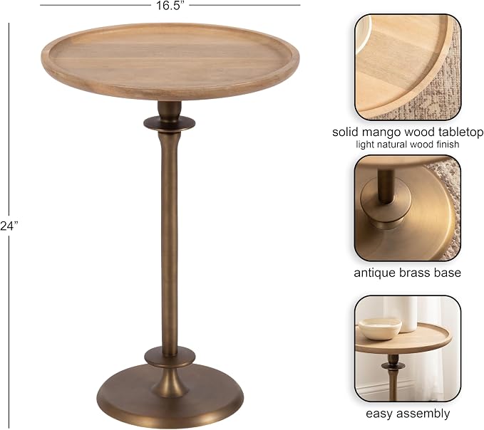 Kate and Laurel Arora Modern Wood and Metal Round Side Table, 17 x 17 x 24, Light Natural and Antique Brass, Transitional Sculptural Living Room End Table for Indoor Plant Stand or Bedroom Nightstand