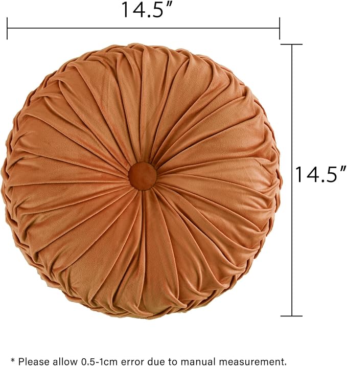 HIG Set of 2 Decorative Round Pleated Throw Pillows, Classy Accent Pumpkin Throw Pillows with Center Button, Vintage Velvet Floor Pillows for Sofa Vanity Chair Bed, Rust, 14.5" Diameter(Ripple)