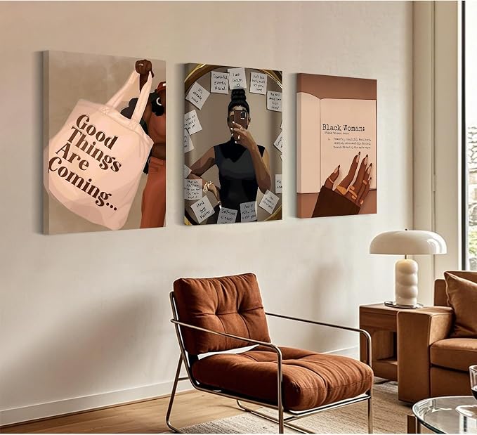 Black Girl Wall Art African American Woman Canvas Wall Decor Black Female Wall Art Fashion Women Poster Feminine Boho Pictures Abstract Paintings for Bedroom Bathroom 16x24x3 Inch Ready to Hang