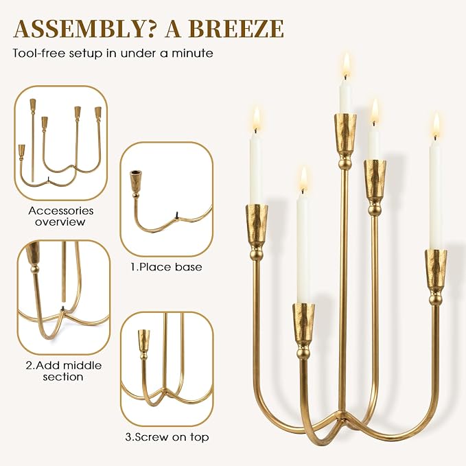 5 Arm Candelabra Cast Iron, 17.5 Inch Tall Candle Holder Antique Brass Candlestick Holder Stand for Taper Candles, Elegant Centerpiece Decor for Farmhouse, Wedding, Mantel & Dining Room